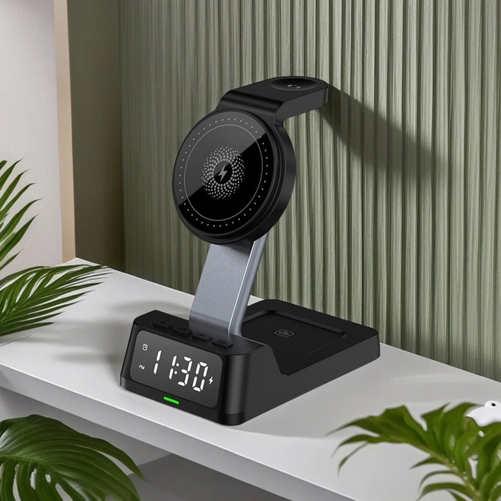 Wireless Charging Station with Digital Alarm Clock, 15W Fast Charger for Ios & Android, 4-In-1 Multi-Device Stand for Phone, Watch, Headphones, Safe Charging