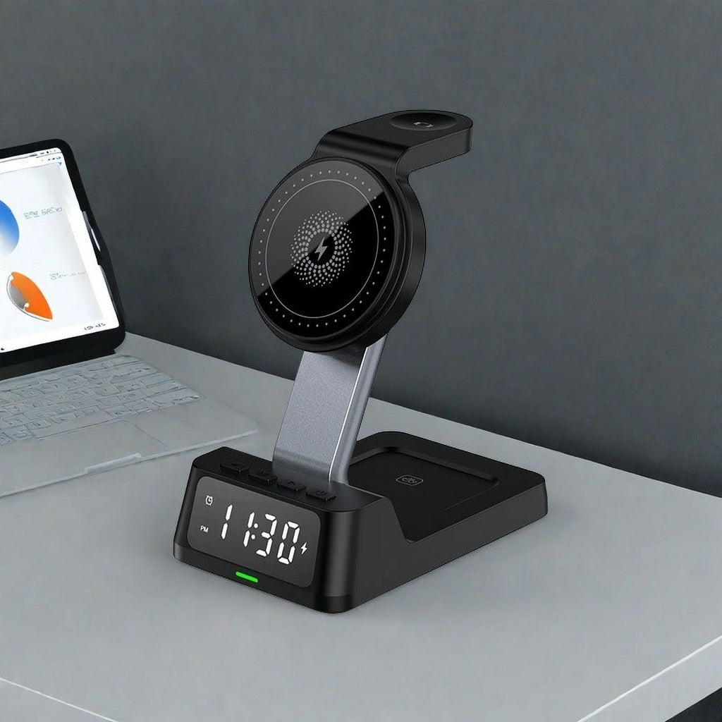 Wireless Charging Station with Digital Alarm Clock, 15W Fast Charger for Ios & Android, 4-In-1 Multi-Device Stand for Phone, Watch, Headphones, Safe Charging
