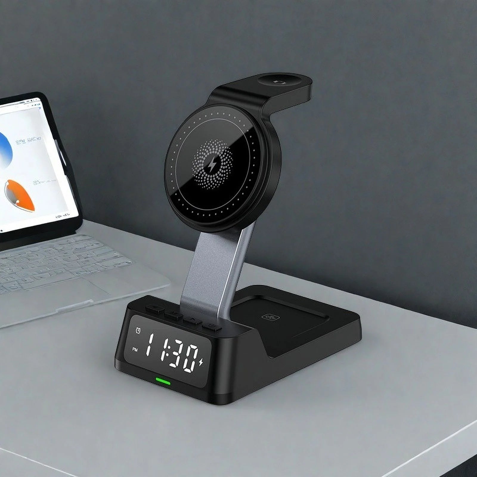 Wireless Charging Station with Digital Alarm Clock, 15W Fast Charger for Ios & Android, 4-In-1 Multi-Device Stand for Phone, Watch, Headphones, Safe Charging