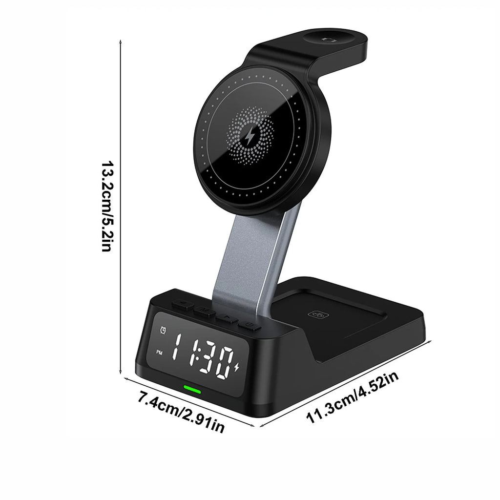 Wireless Charging Station with Digital Alarm Clock, 15W Fast Charger for Ios & Android, 4-In-1 Multi-Device Stand for Phone, Watch, Headphones, Safe Charging