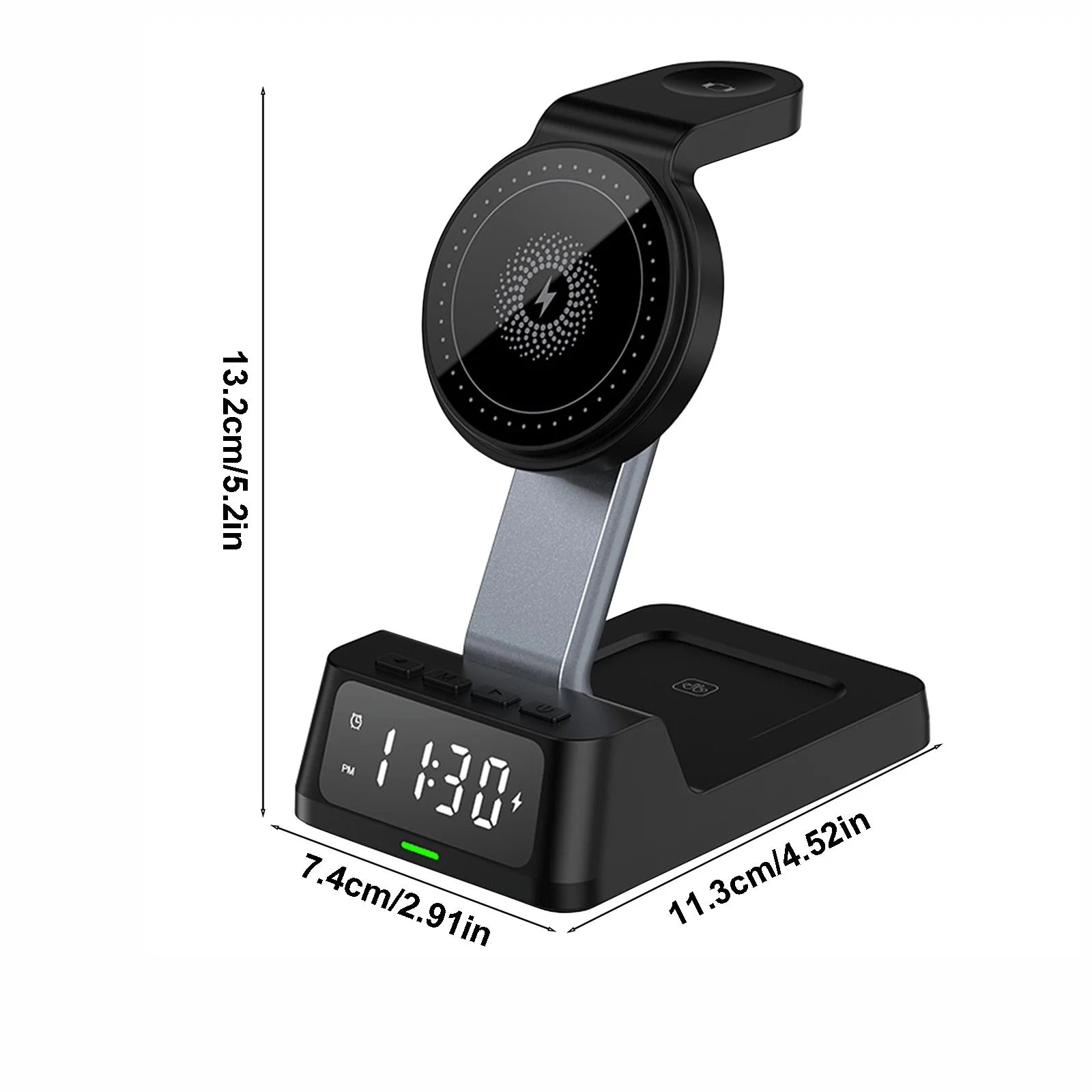 Wireless Charging Station with Digital Alarm Clock, 15W Fast Charger for Ios & Android, 4-In-1 Multi-Device Stand for Phone, Watch, Headphones, Safe Charging