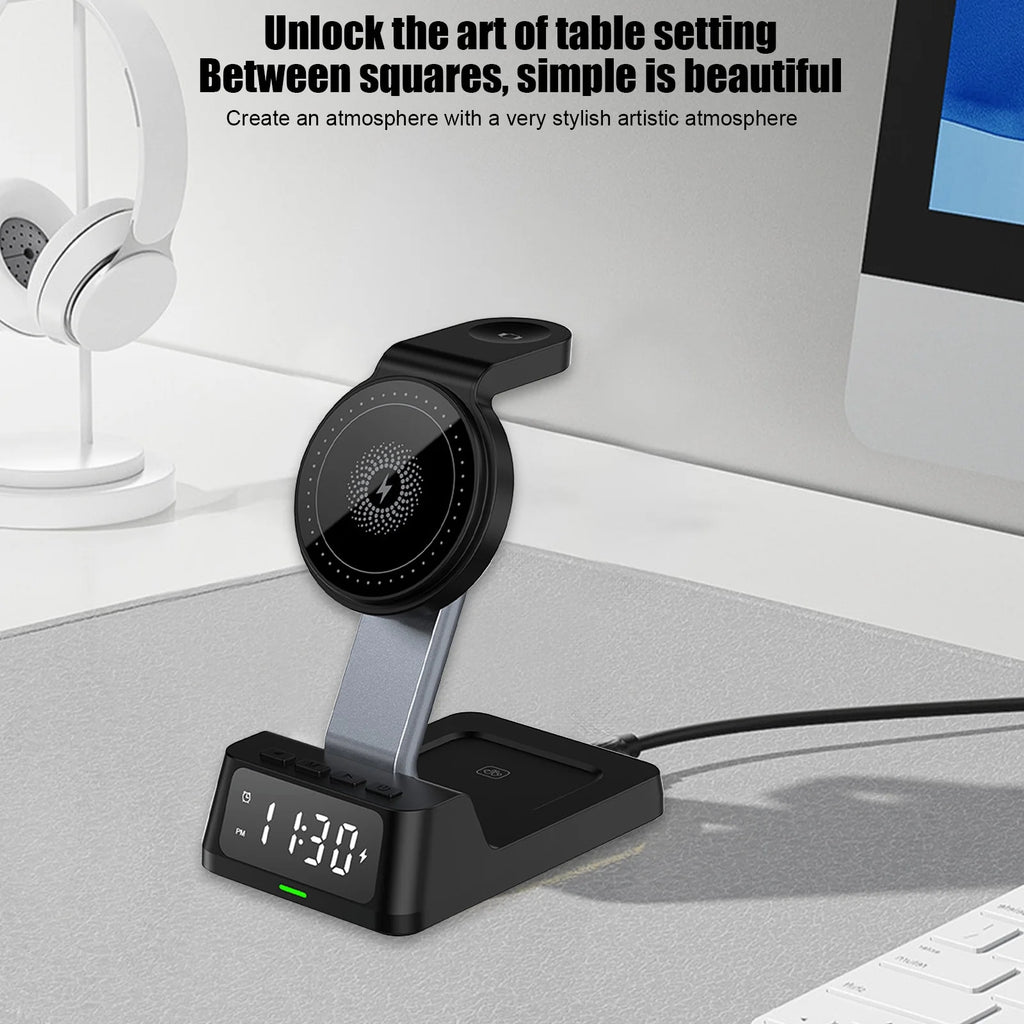 Wireless Charging Station with Digital Alarm Clock, 15W Fast Charger for Ios & Android, 4-In-1 Multi-Device Stand for Phone, Watch, Headphones, Safe Charging