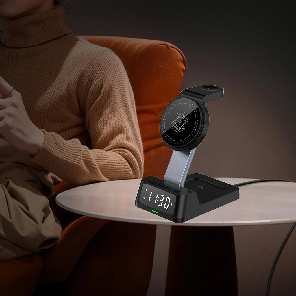 Wireless Charging Station with Digital Alarm Clock, 15W Fast Charger for Ios & Android, 4-In-1 Multi-Device Stand for Phone, Watch, Headphones, Safe Charging